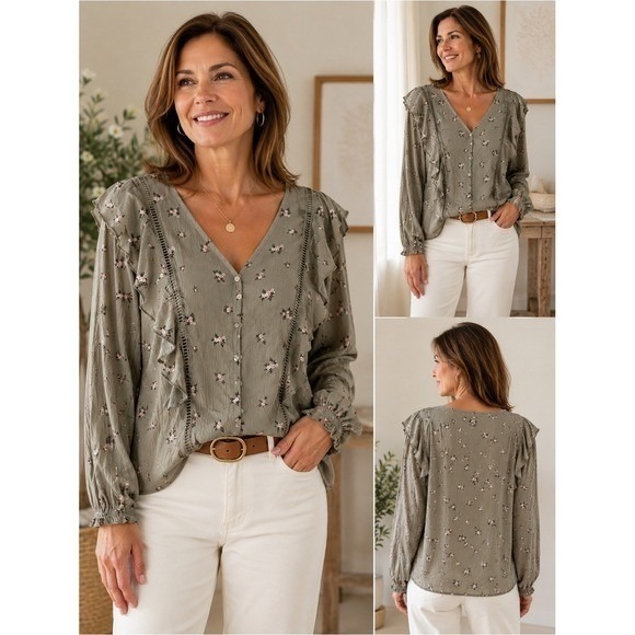 Planet Gold Tops - Planet Gold Seagrass Floral Ruffle Button Front Blouse Size XL NWT